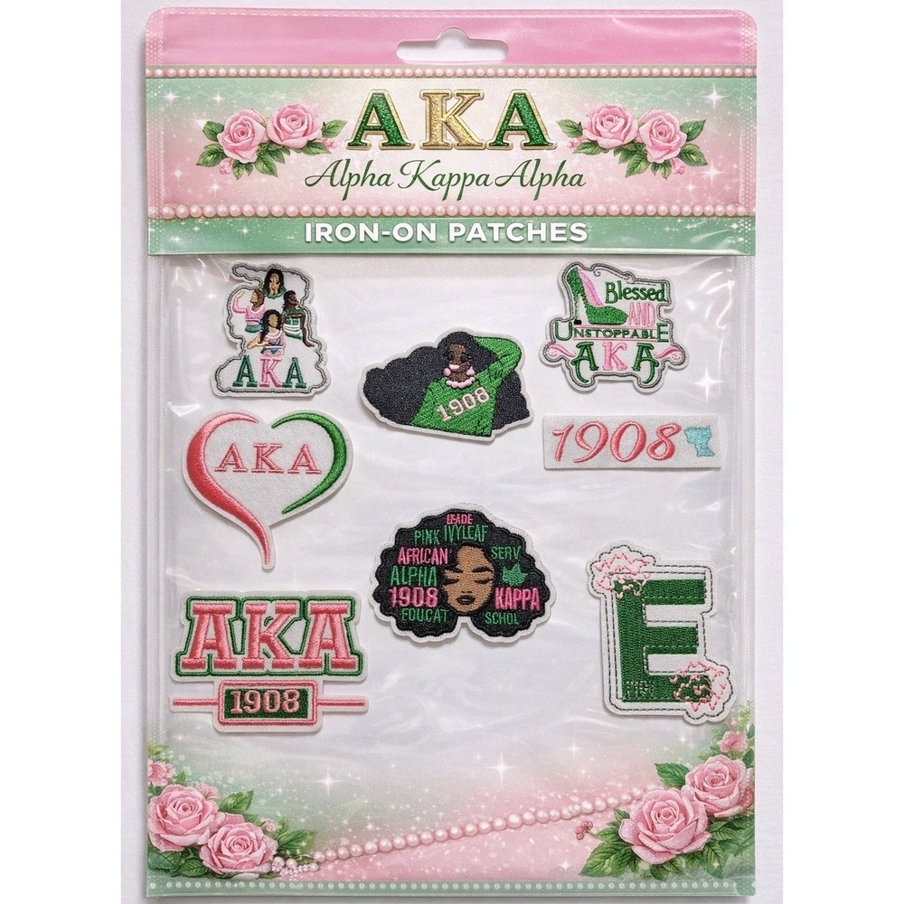 Alpha Kappa Alpha‎ AKA Sorority Iron On Patches 8 Piece Set Pink Green 1908 Ivy